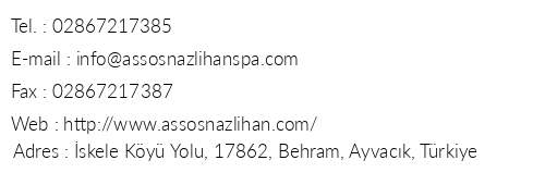 Assos Nazlihan Hotel telefon numaralar, faks, e-mail, posta adresi ve iletiim bilgileri